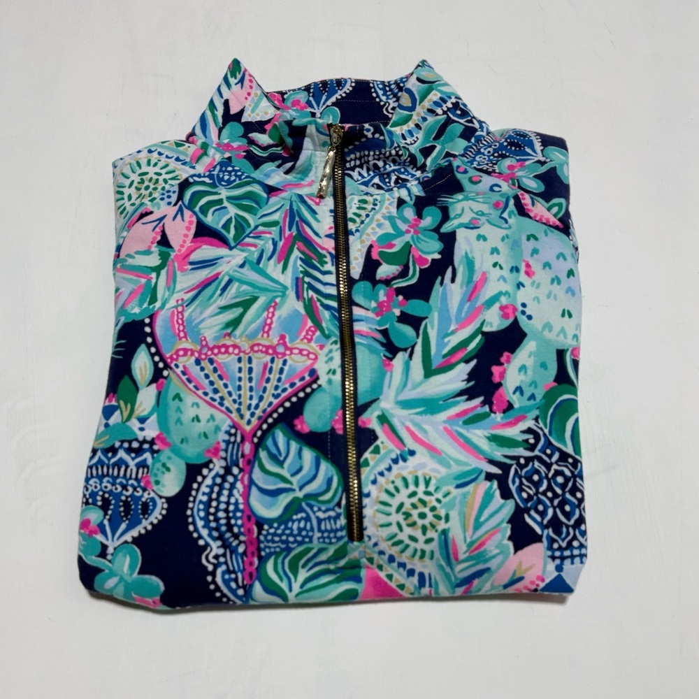 Lilly Pulitzer Cats Navy and Pink Floral Half-Zip Popover Jacket Size Small - Picture 15 of 16